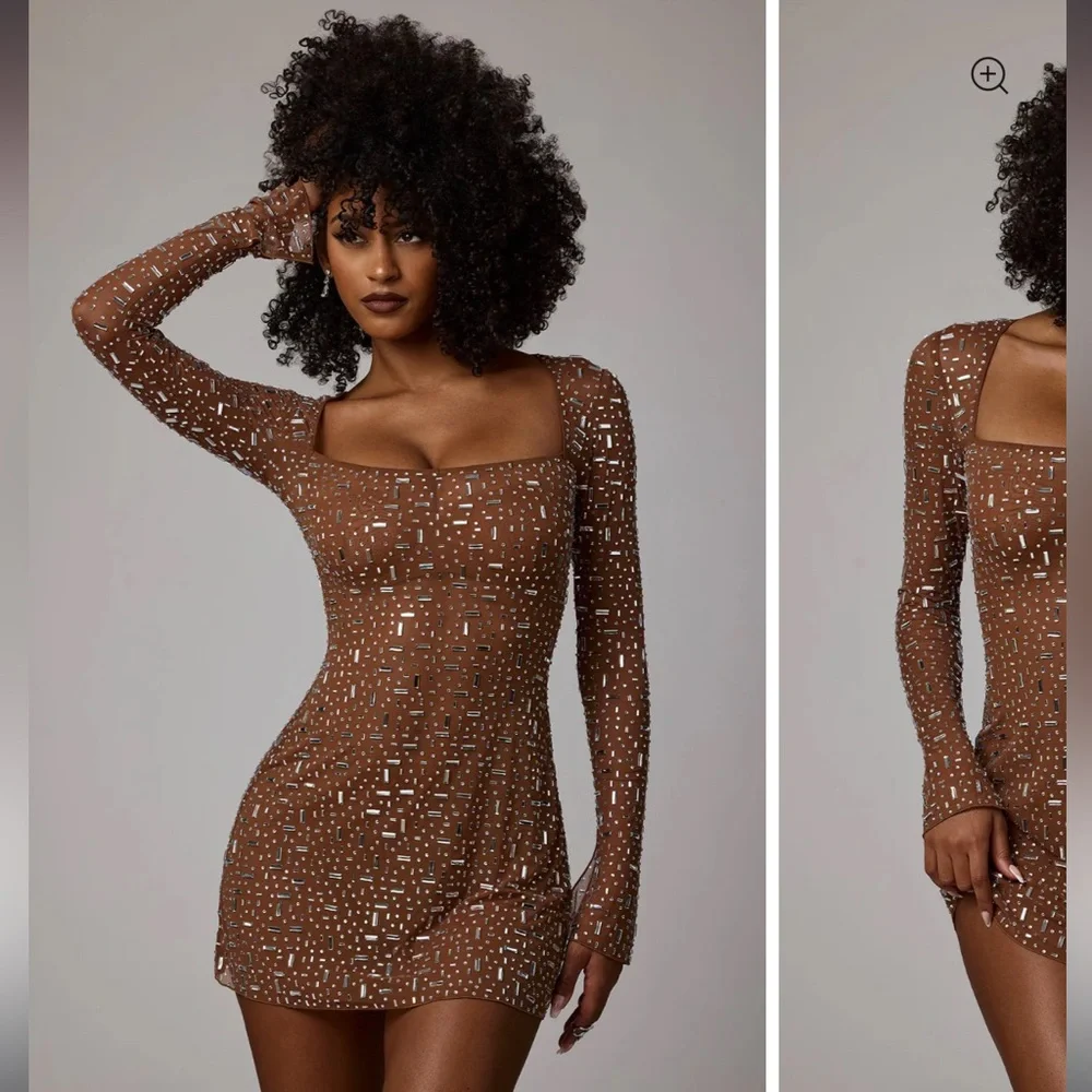 Oh Polly Brown Long-Sleeve Mini Dress with Silver Embellishment - Picture 2 of 9